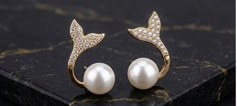 Crystal Mermaid Tail & Pearl Drop Earrings