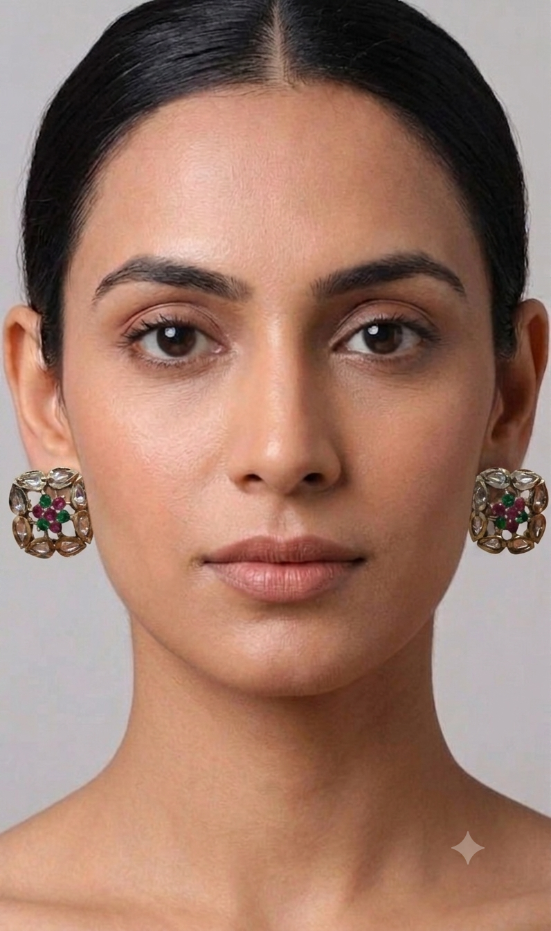 Handcrafted Kundan Polki Square Stud Earrings with Emerald and Ruby Stones