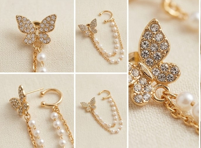 Asymmetrical Crystal Butterfly & Cascading Pearl Ear Cuff Earrings