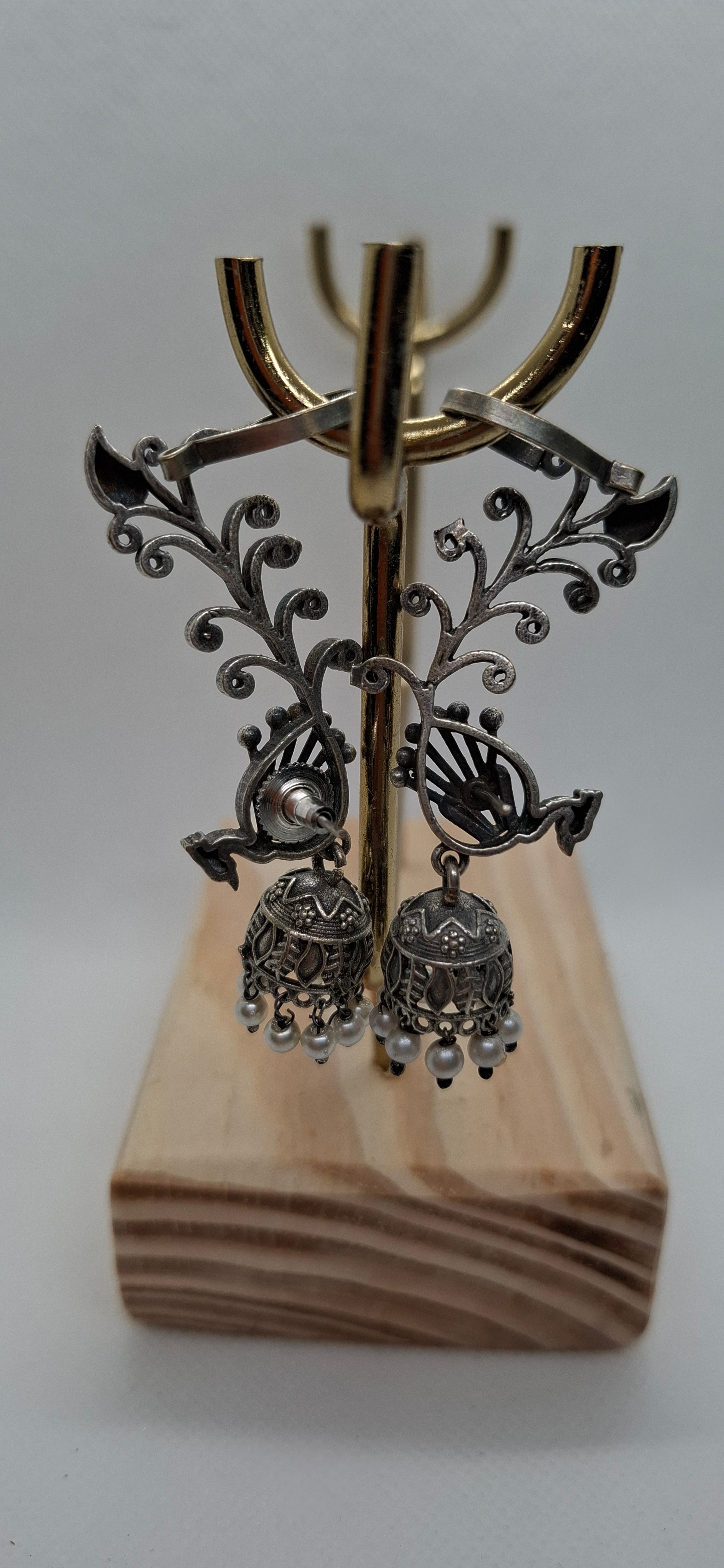 Oxidized Silver Peacock Motif Ear Cuff with Dangling Jhumka