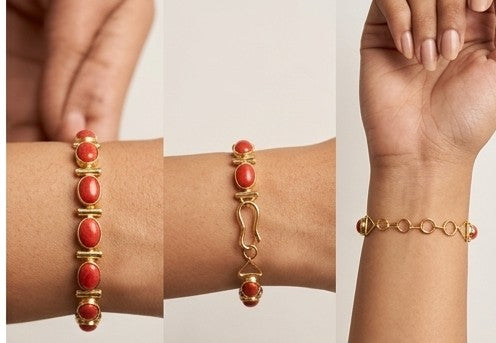 Classic Red Oval Coral Stone Link Bracelet