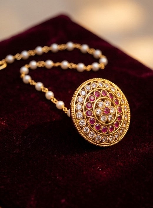 Regal Floral Motif Borla with Pearl Chain