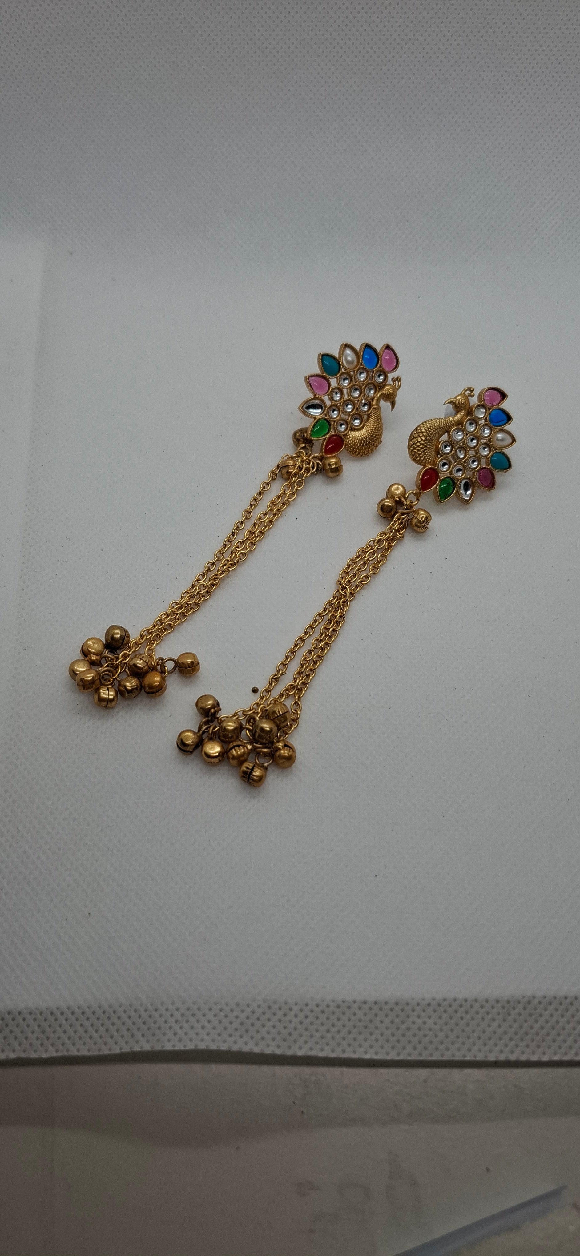 Traditional Peacock Drop / Shoulder-Duster Earrings (Kundan & Ghungroo Danglers)