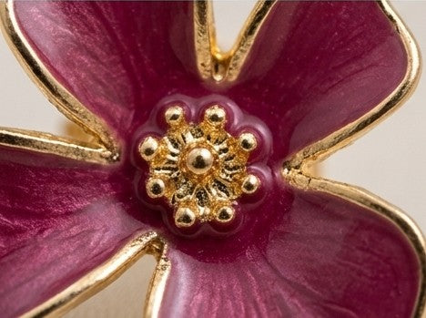 Deep Magenta Enamel Flower Stud Earrings with Polished Gold Trim - Plum Blossom Inspired