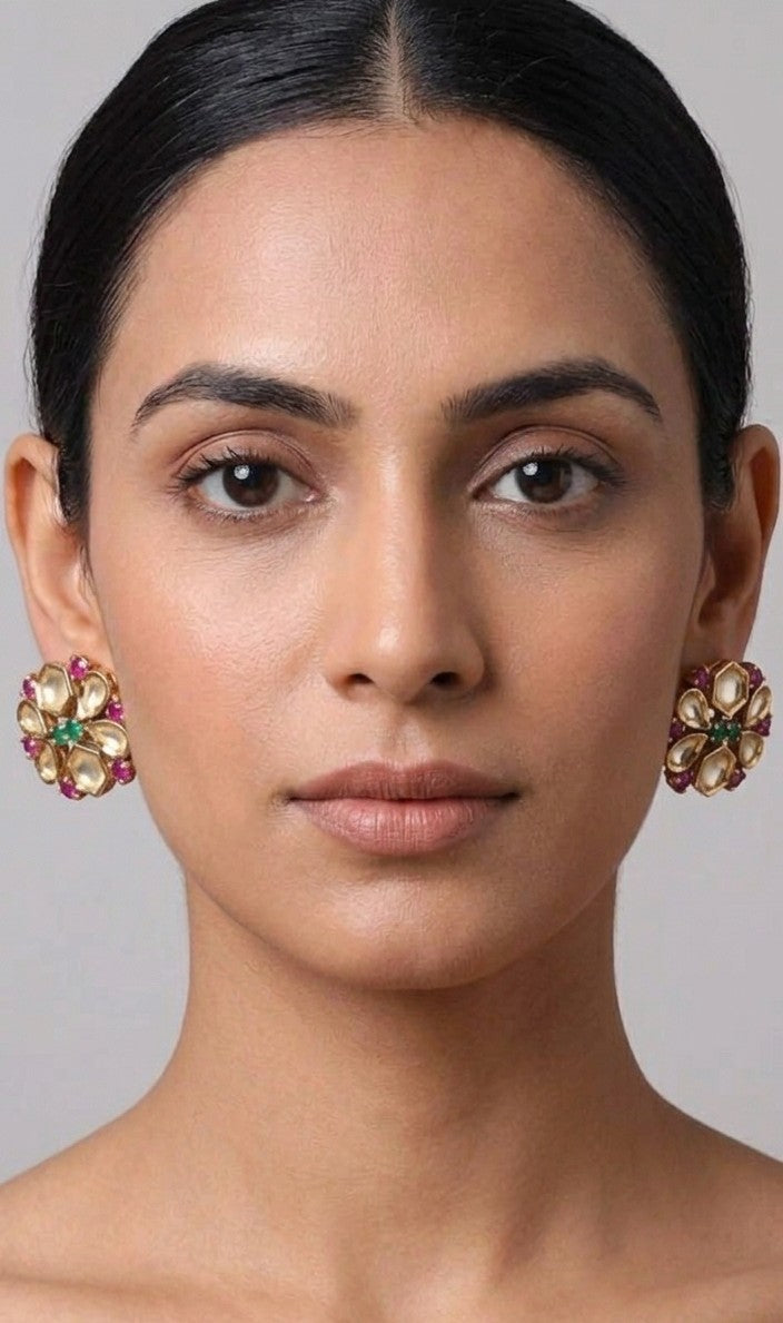 Handcrafted Kundan Floral Studs in Gold Tone with Ruby & Emerald Highlights