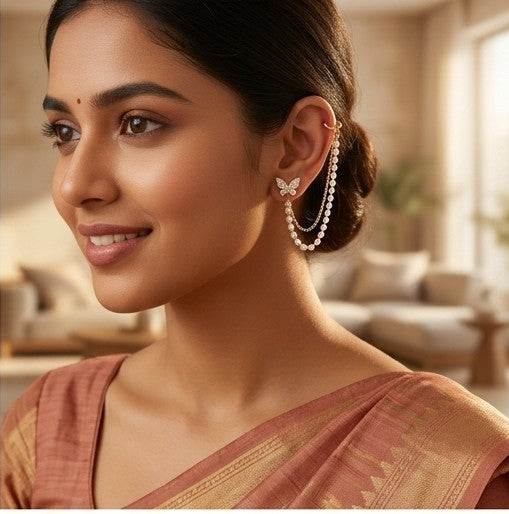 Asymmetrical Crystal Butterfly & Cascading Pearl Ear Cuff Earrings