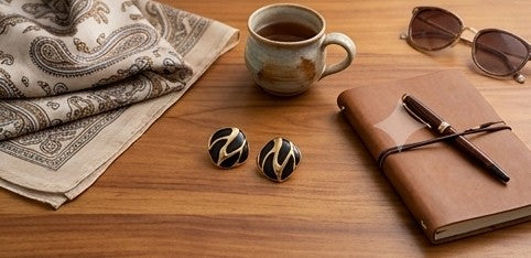 Abstract Wavy Black Enamel & Gold Studs