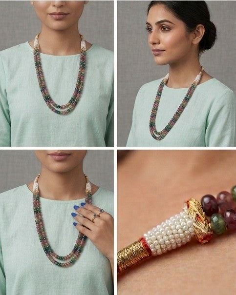 Double-Layered Multi-Gemstone Beaded Necklace with Pearl Accents