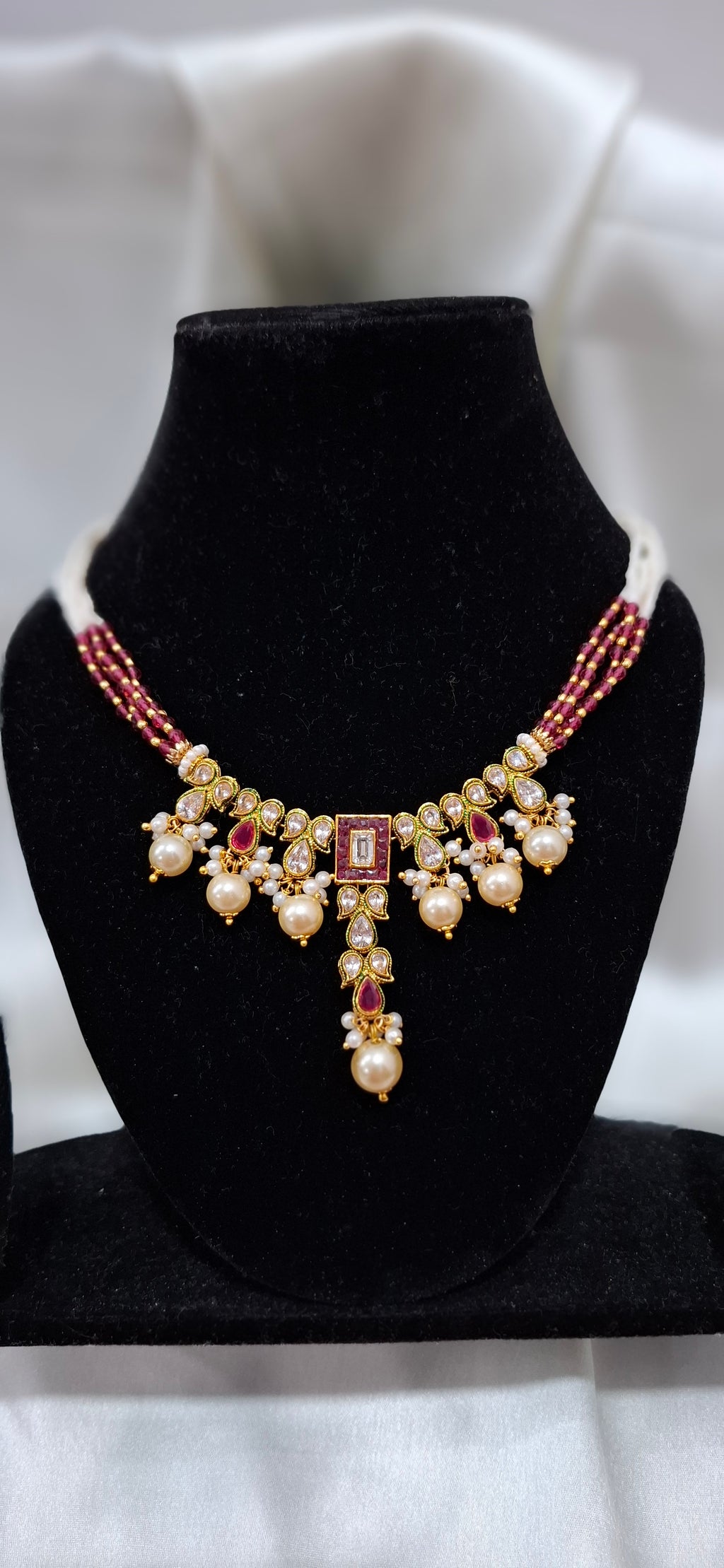 Traditional Indian Jadau Kundan  Necklace with Ruby-Red Accents & Matching Earrings