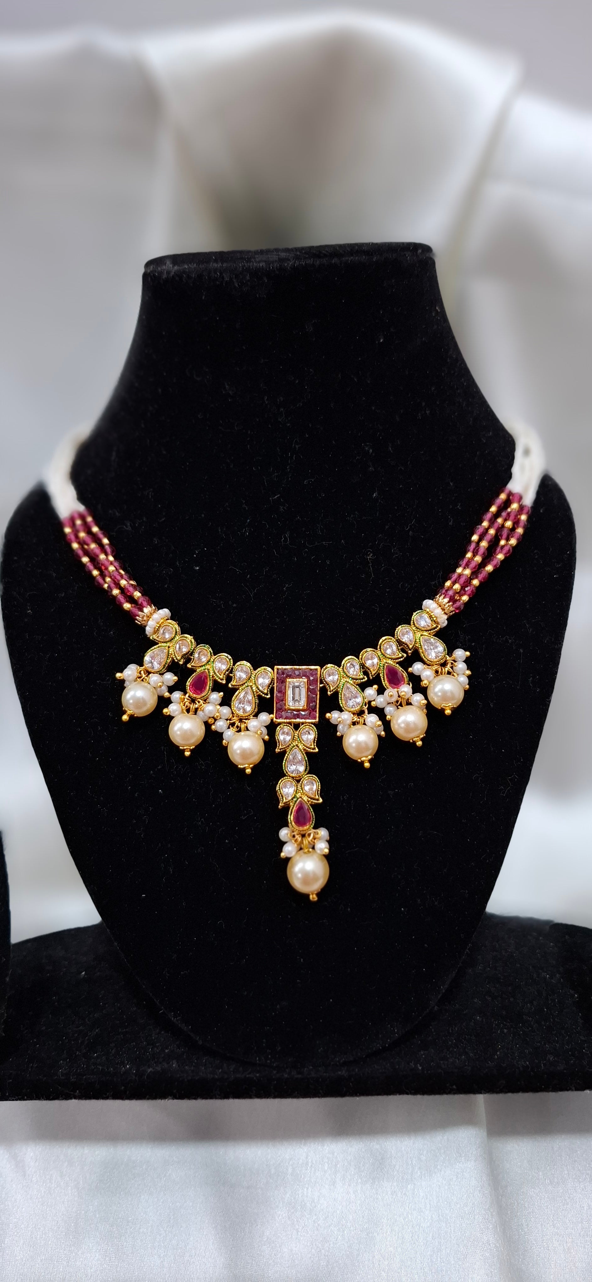 Traditional Indian Jadau Kundan  Necklace with Ruby-Red Accents & Matching Earrings