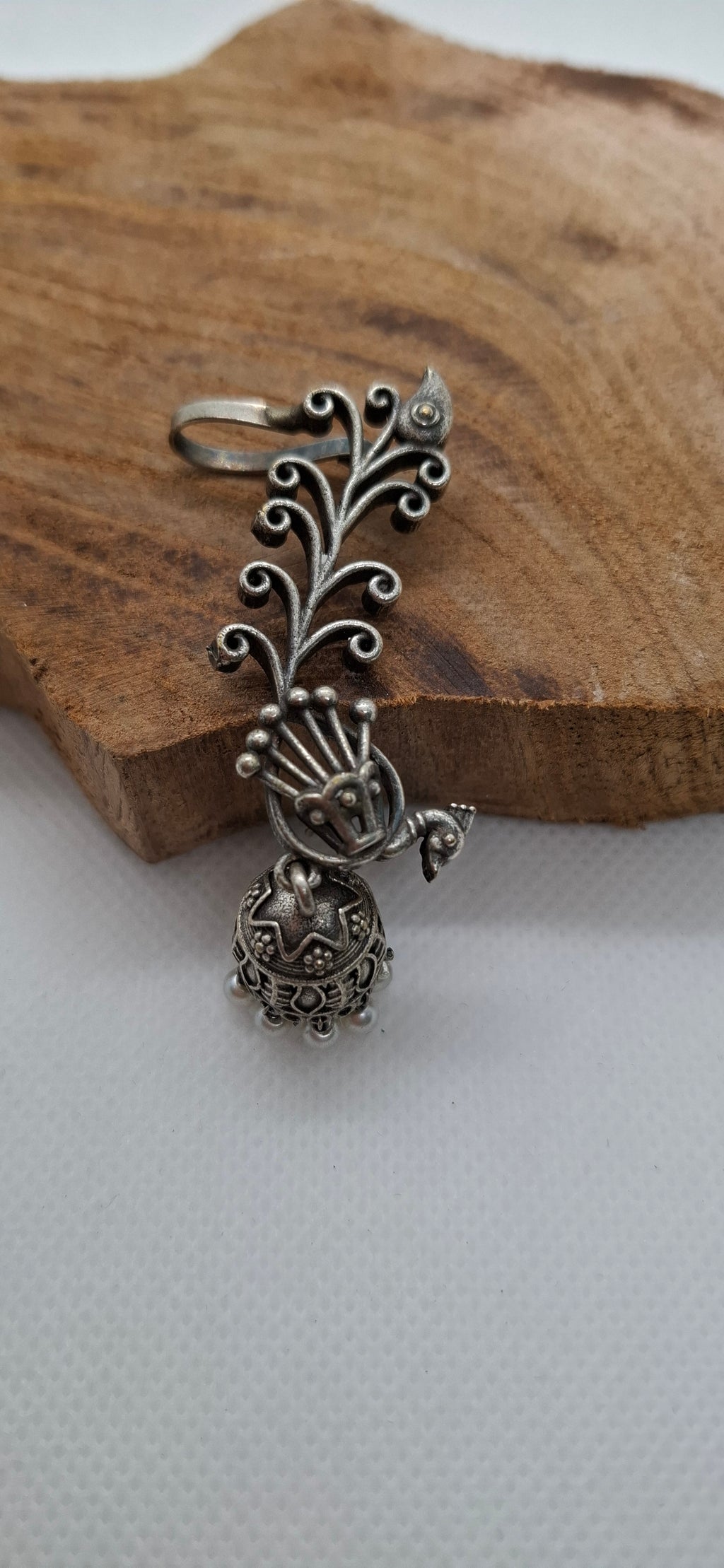 Oxidized Silver Peacock Motif Ear Cuff with Dangling Jhumka