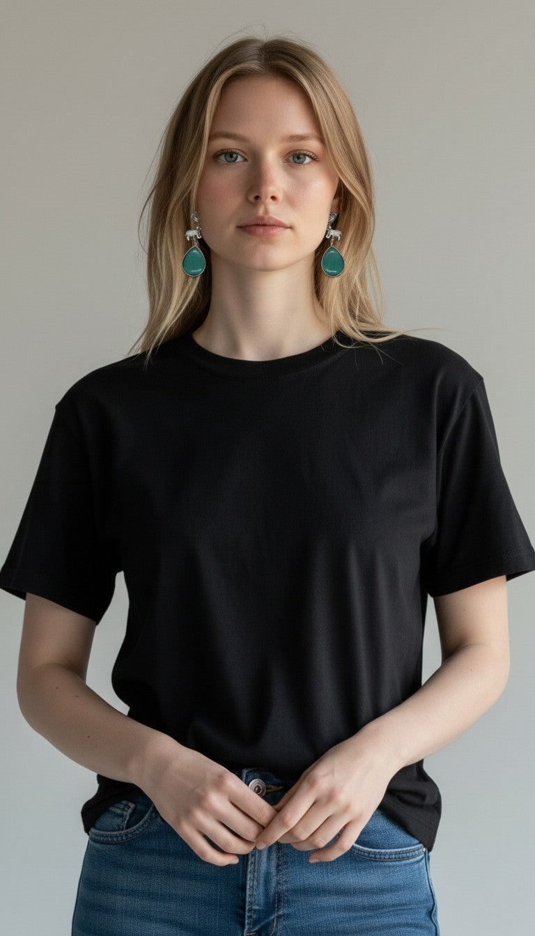 Oxidized Silver Animal Motif Teardrop Teal Stone Drop Earrings