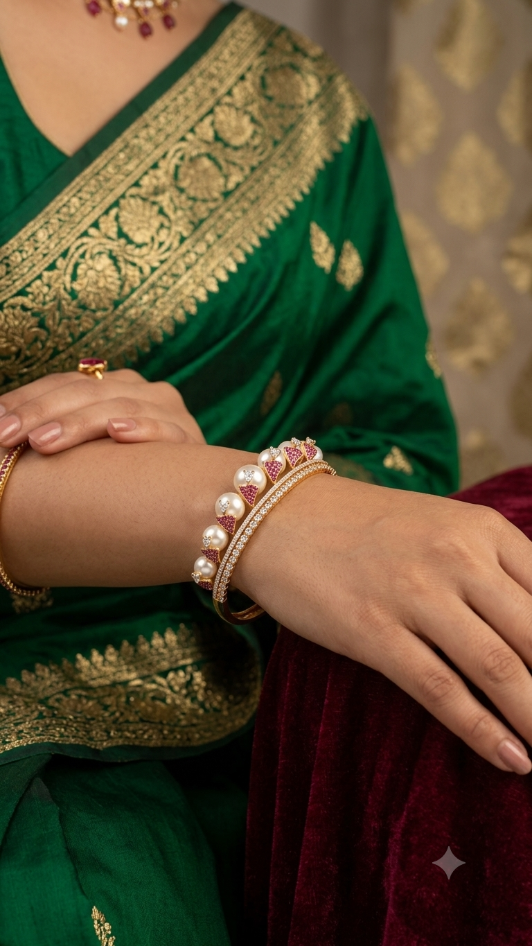 Royal Pearl & Pink Stone Gold-Plated Bangle