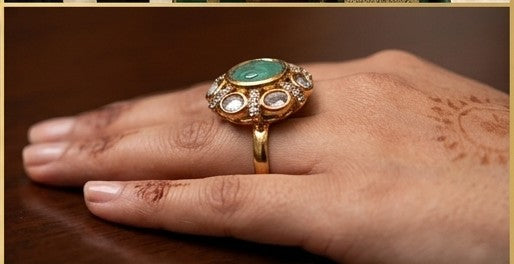 Emerald Green Stone and Kundan Statement Ring
