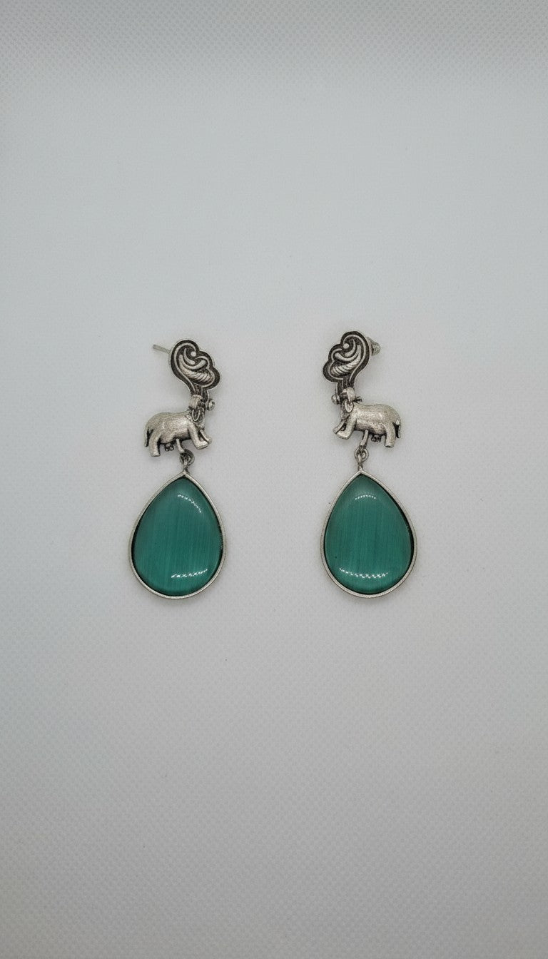 Oxidized Silver Animal Motif Teardrop Teal Stone Drop Earrings