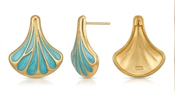 Art Deco Teal Enamel Fan Earrings