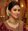 Elegant Emerald Green Stone and Cubic Zirconia Gold-Plated Choker Necklace with Matching Earrings