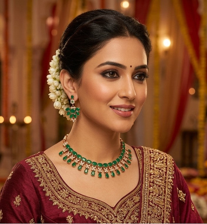 Elegant Emerald Green Stone and Cubic Zirconia Gold-Plated Choker Necklace with Matching Earrings