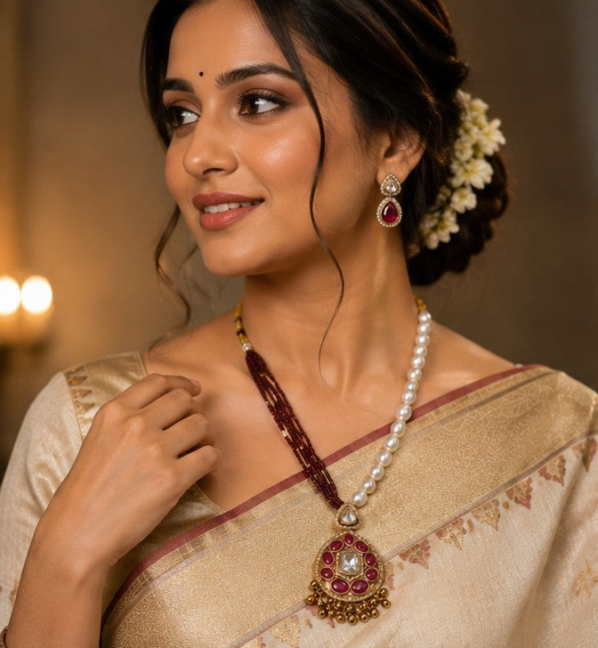 Dual-Chain Maroon & Pearl Kundan Necklace Set