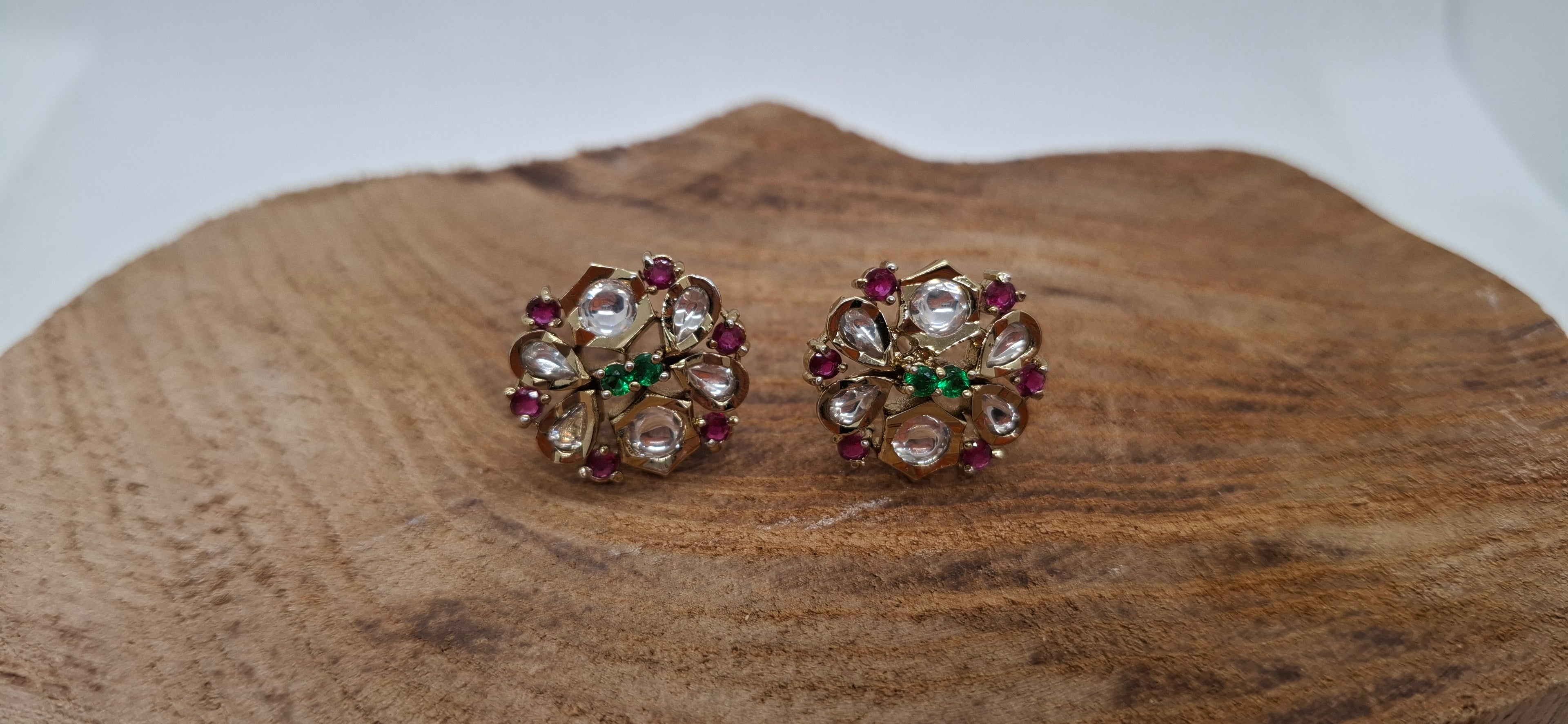 Handcrafted Kundan Floral Studs in Gold Tone with Ruby & Emerald Highlights