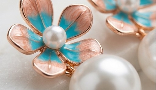 Coral & Teal Enamel Floral Pearl Drop Earrings