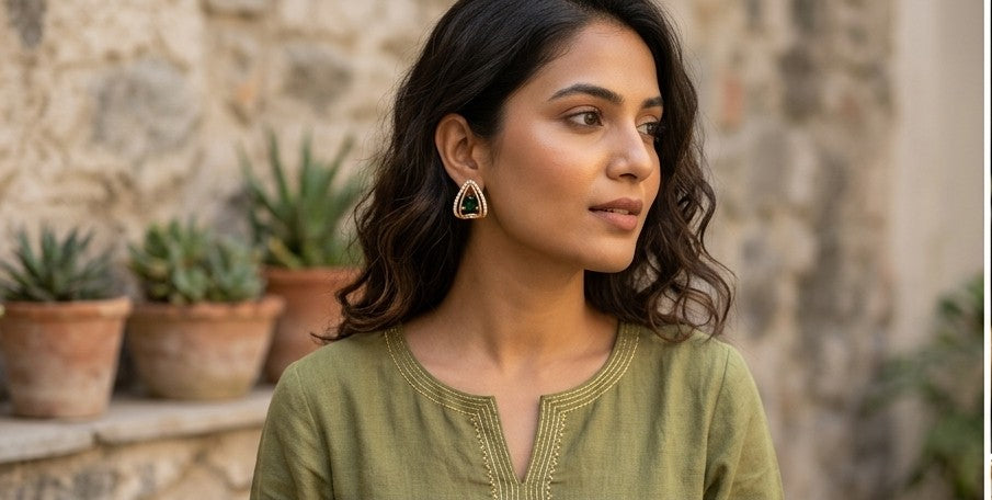Emerald Geometric Pavé Stud Earrings