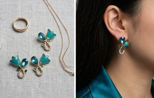 Teal Blossom Enamel & Crystal Earrings
