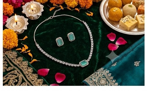 Rhodium-Plated Teal Necklace & Earring Set