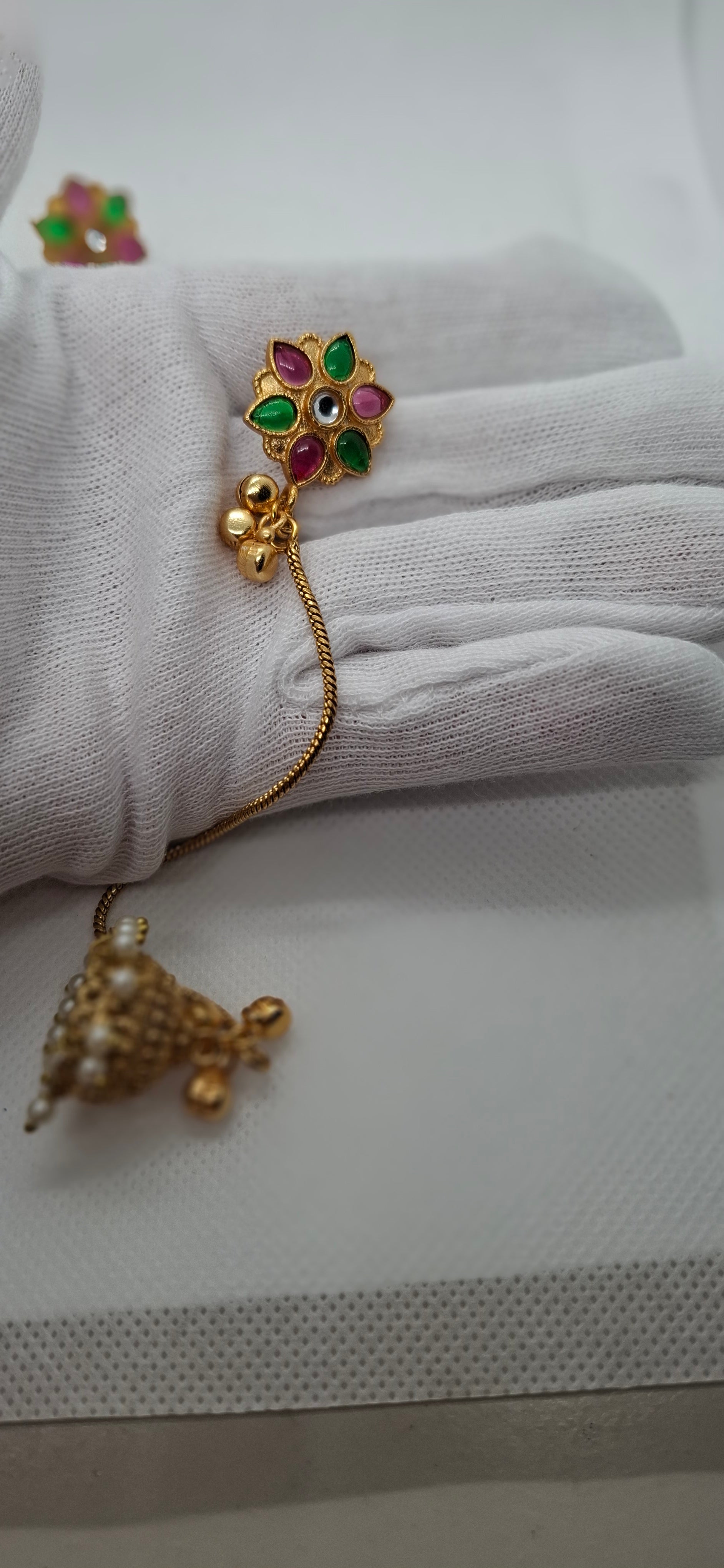 Gold-Toned Floral Stud & Chain-Drop Jhumka Earrings
