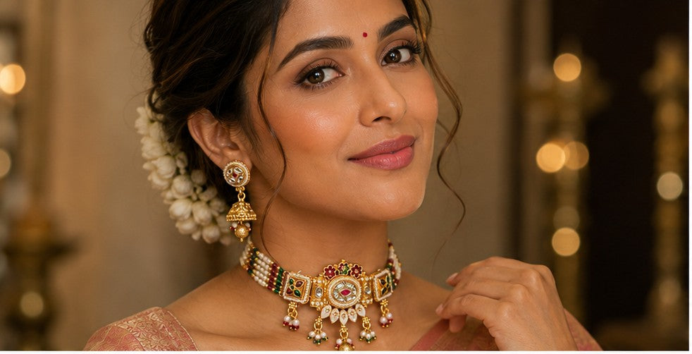 Traditional Kundan & Pearl Beaded Choker Set with Matching Jhumkas
