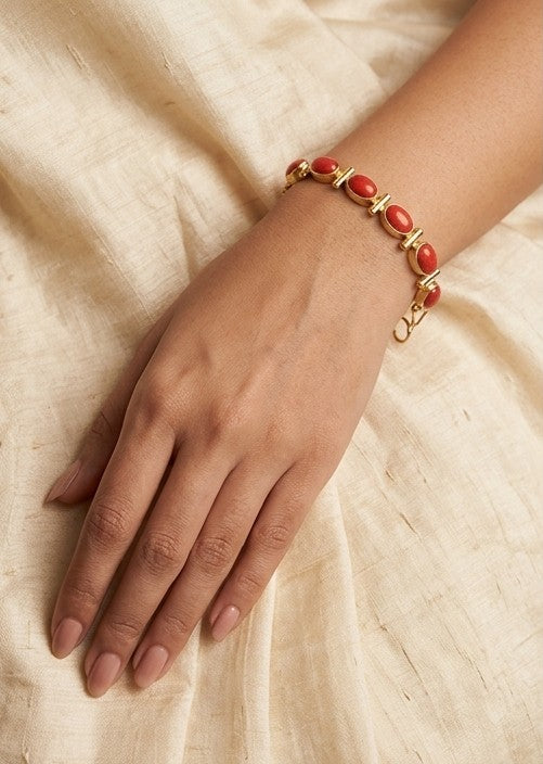 Classic Red Oval Coral Stone Link Bracelet