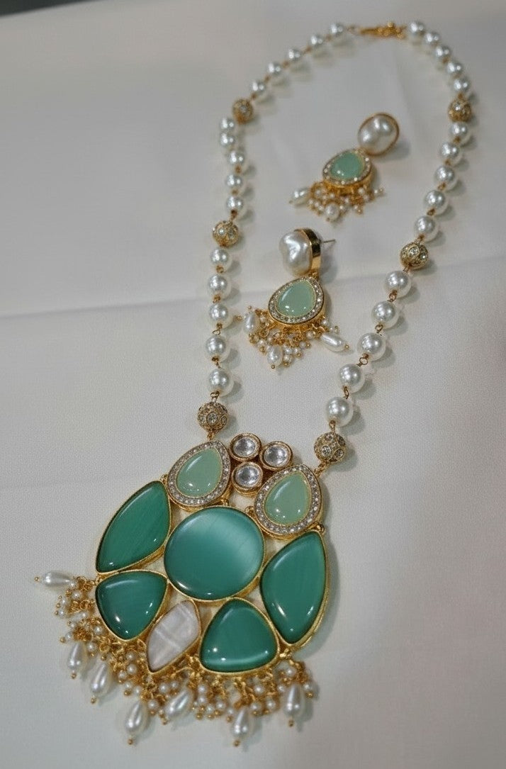 Royal Mint & Mother of Pearl Stone Statement Necklace Set with Matching Earrings