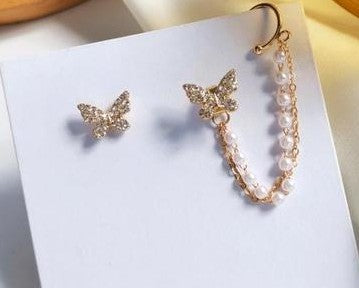 Asymmetrical Crystal Butterfly & Cascading Pearl Ear Cuff Earrings