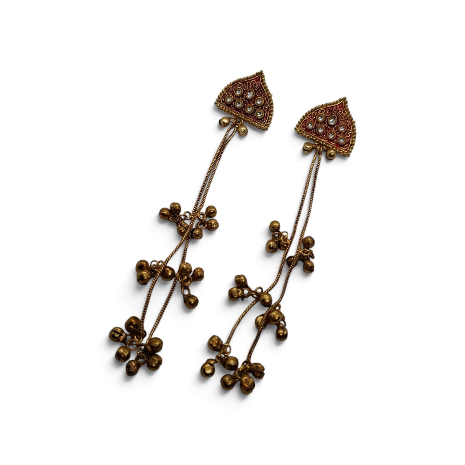 Antique Gold Kundan & Ghungroo Tiered Long Drop Earrings