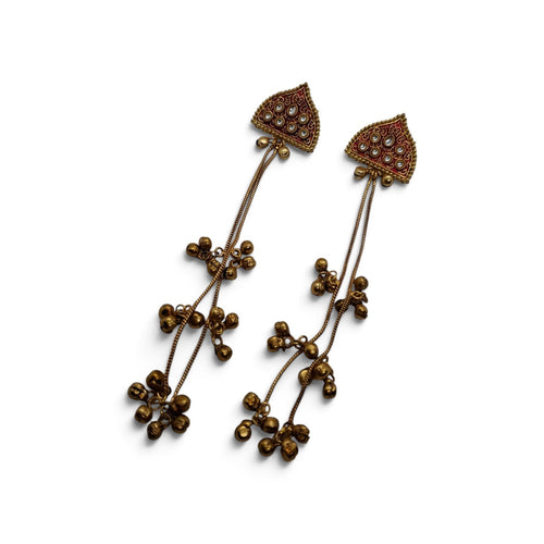 Antique Gold Kundan & Ghungroo Tiered Long Drop Earrings