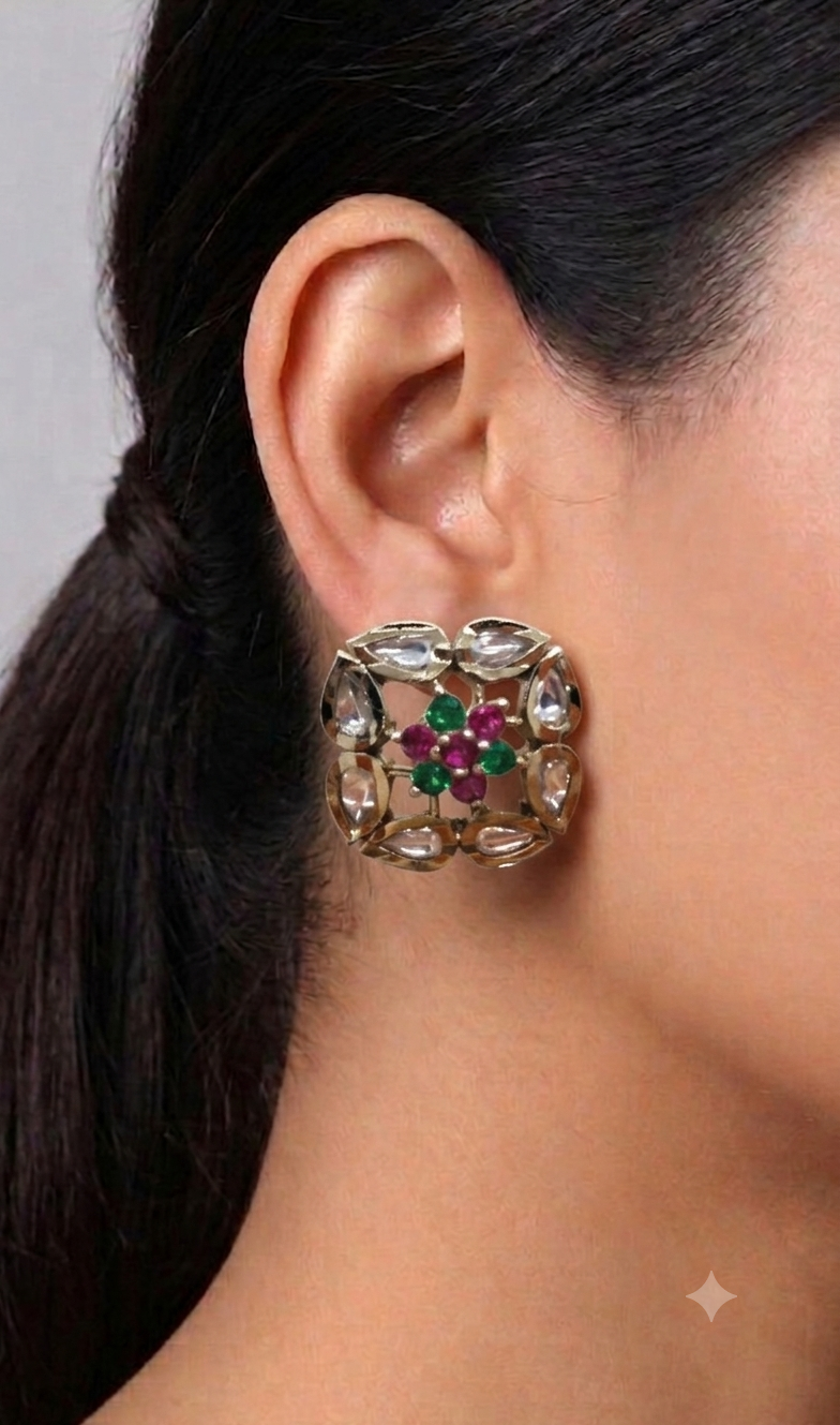 Handcrafted Kundan Polki Square Stud Earrings with Emerald and Ruby Stones