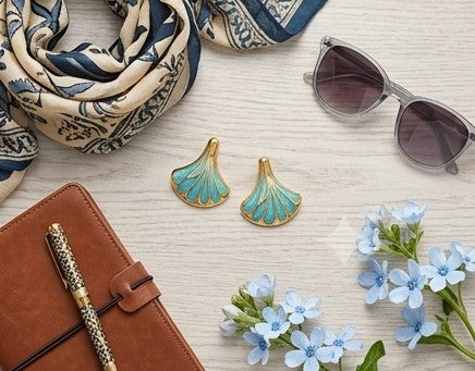 Art Deco Teal Enamel Fan Earrings