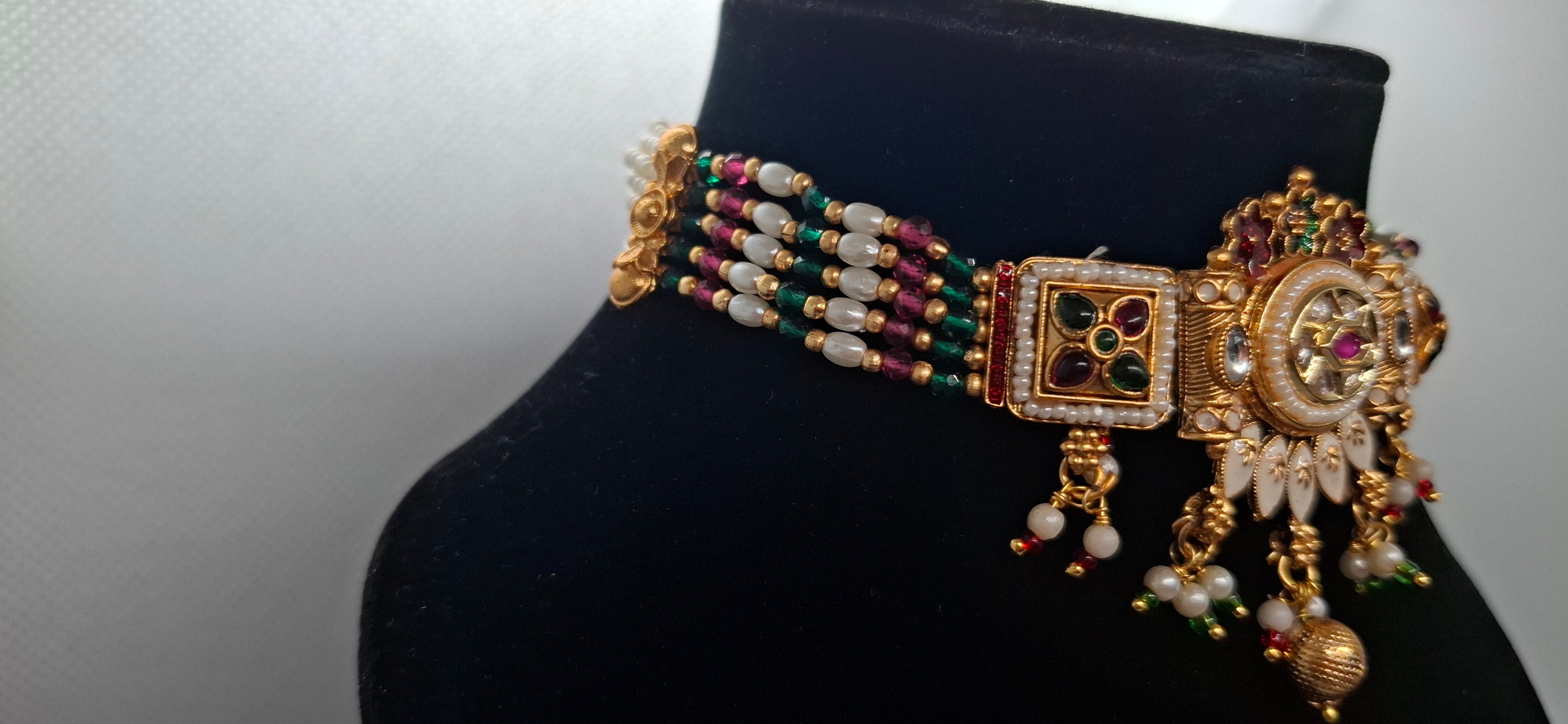 Traditional Kundan & Pearl Beaded Choker Set with Matching Jhumkas