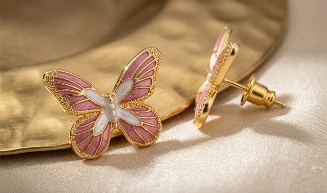 Rose Enamel & Gold Butterfly Earrings