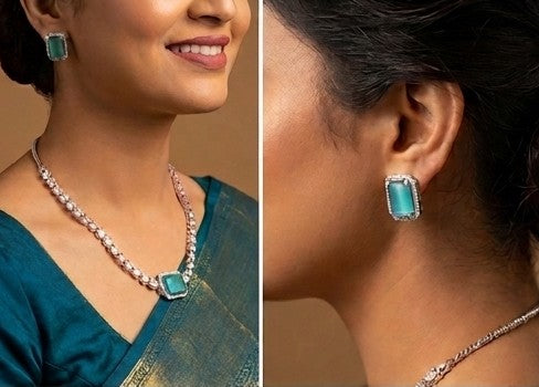Rhodium-Plated Teal Necklace & Earring Set
