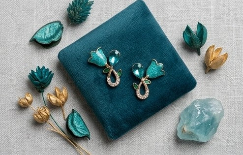 Teal Blossom Enamel & Crystal Earrings