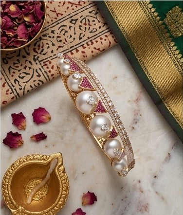 Royal Pearl & Pink Stone Gold-Plated Bangle