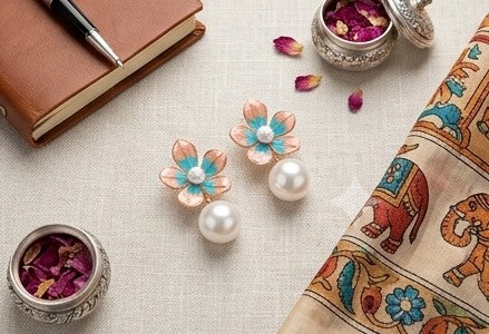 Coral & Teal Enamel Floral Pearl Drop Earrings