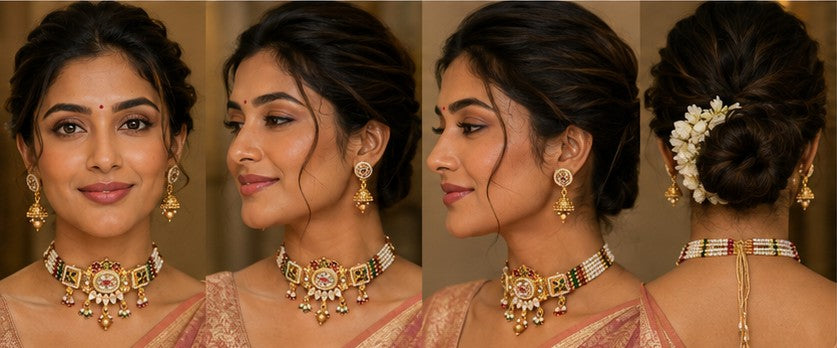 Traditional Kundan & Pearl Beaded Choker Set with Matching Jhumkas
