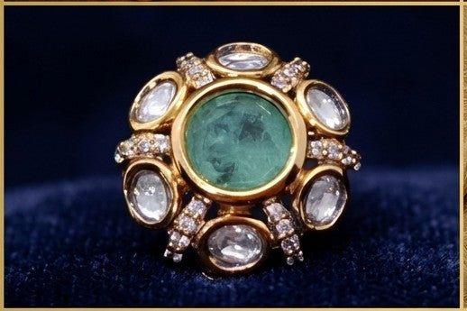 Emerald Green Stone and Kundan Statement Ring