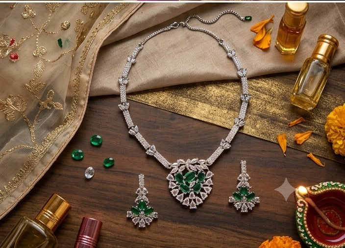 Verdant Cascade American Diamond Necklace Set