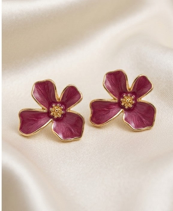 Deep Magenta Enamel Flower Stud Earrings with Polished Gold Trim - Plum Blossom Inspired