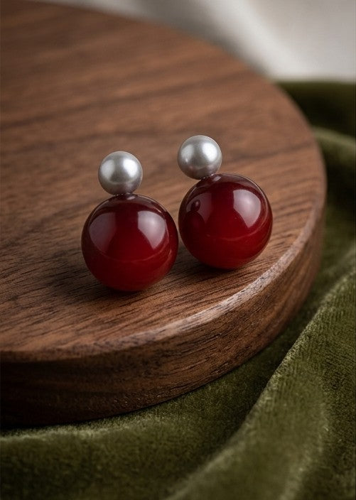 Glossy Garnet & Silver Double-Sphere Studs