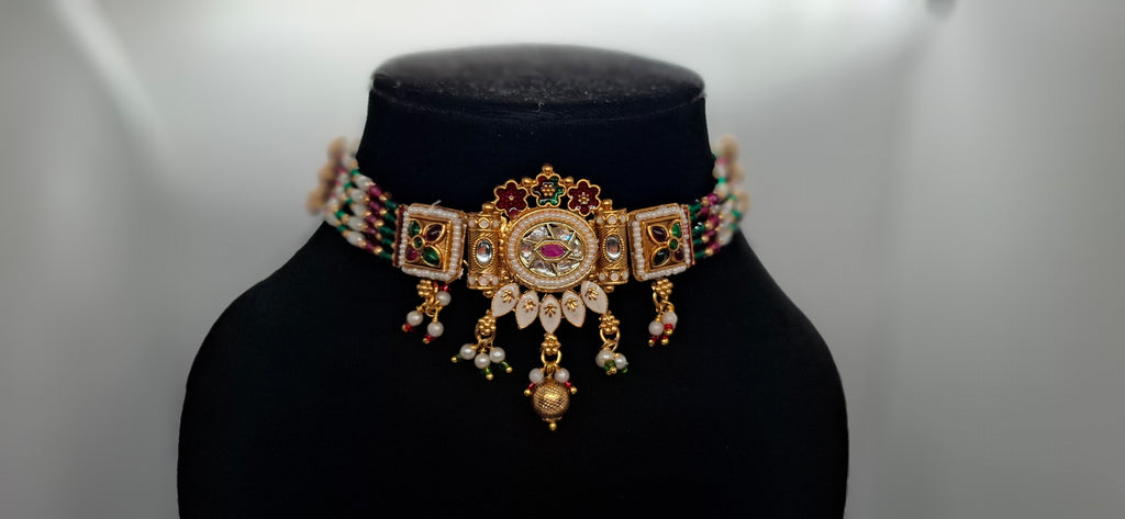 Traditional Kundan & Pearl Beaded Choker Set with Matching Jhumkas