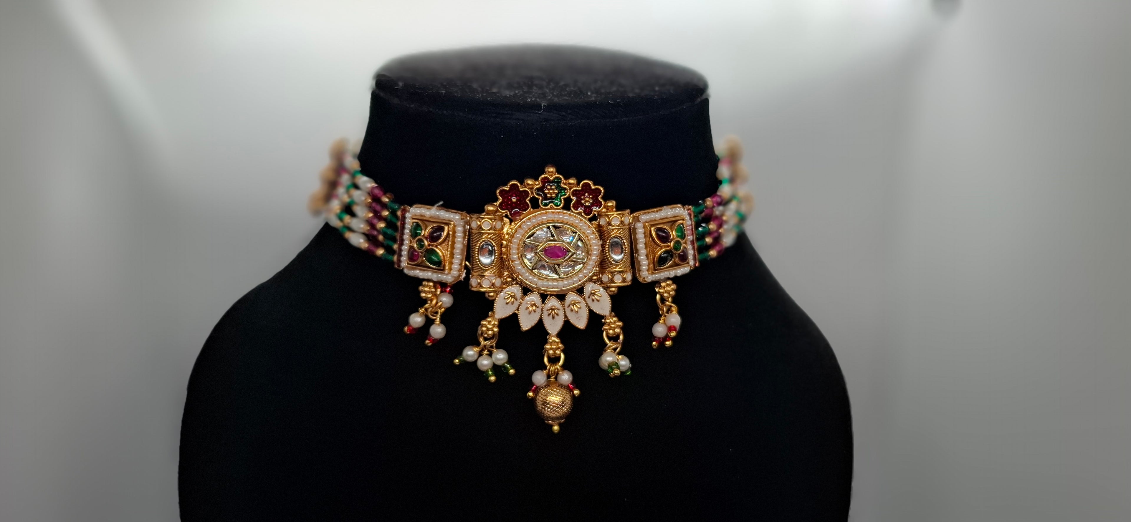 Traditional Kundan & Pearl Beaded Choker Set with Matching Jhumkas